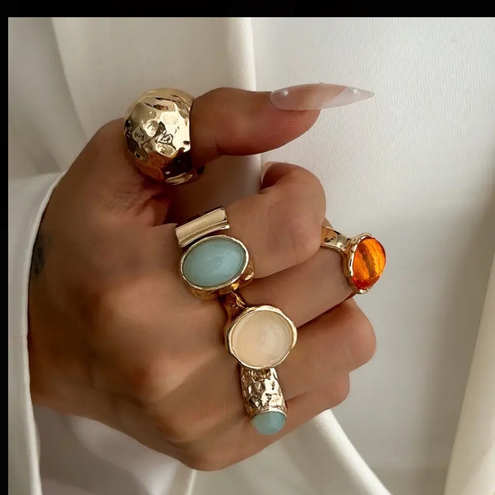 5 piece Chunky Elegant Gold and Gemstone Ring Set 3 pack